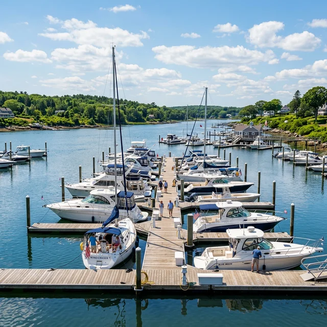 American marina with recreational boats docked at wooden piers on a sunny day
