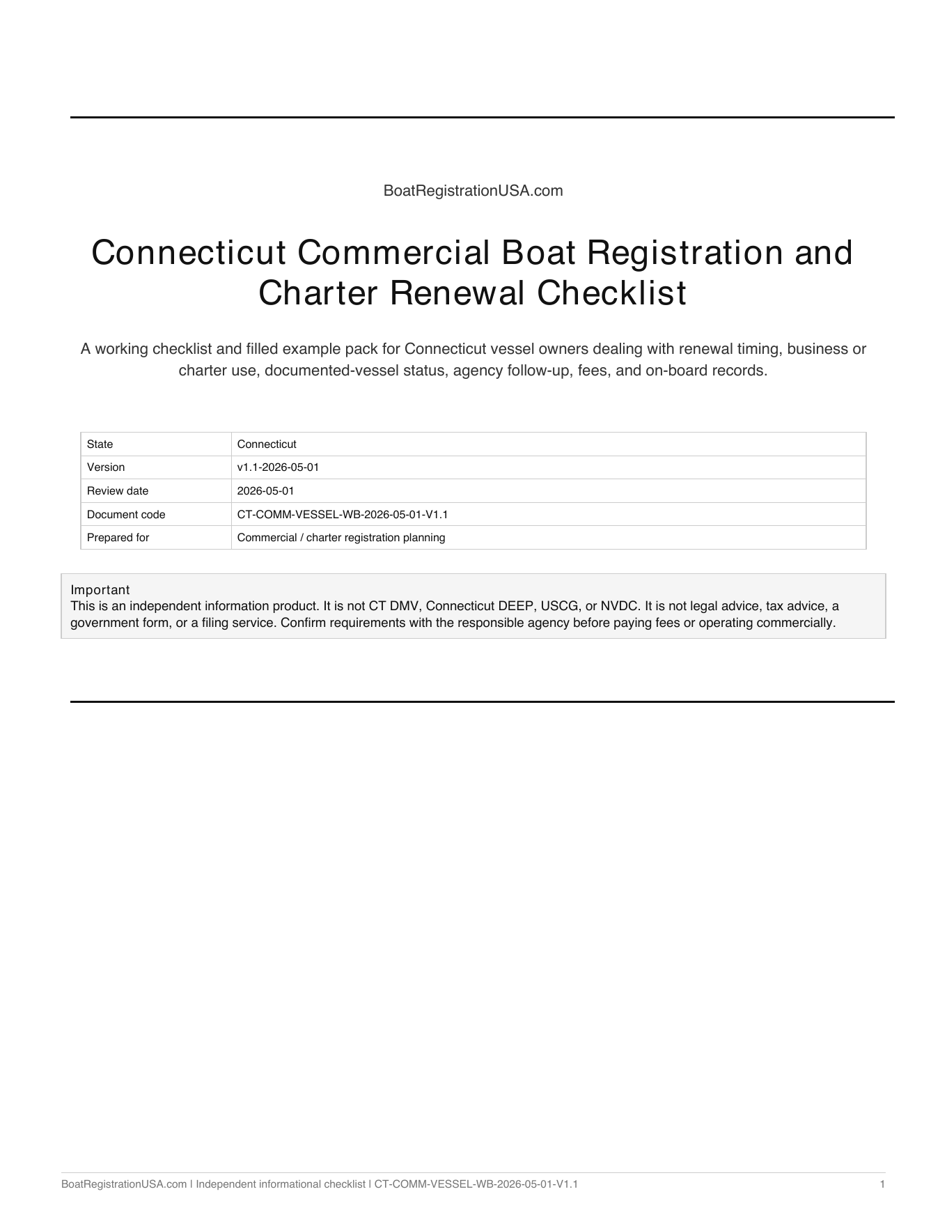 Connecticut Commercial Boat Registration & Charter Renewal Checklist PDF cover preview