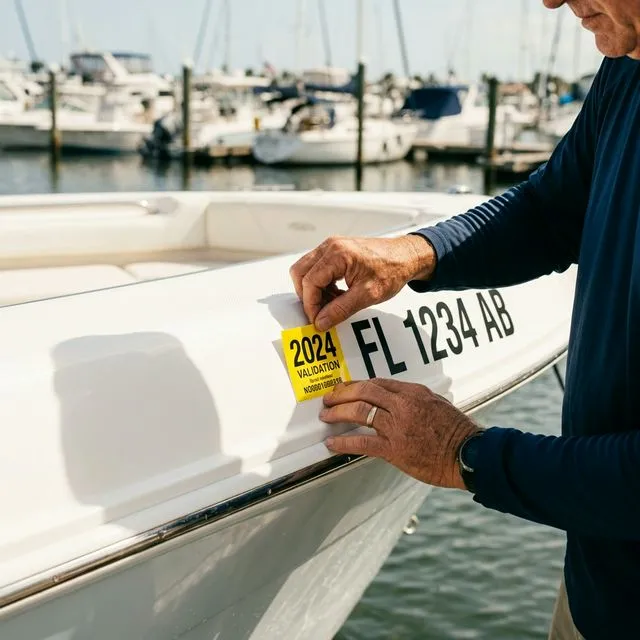 Boat owner applying new validation decals to a registered boat