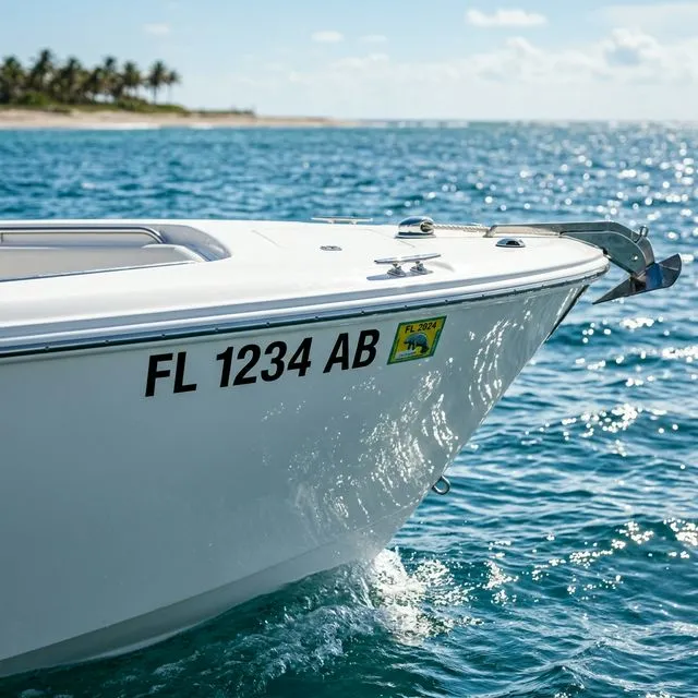 Close-up of a white boat bow showing properly formatted 3-inch black registration numbers and a registration decal