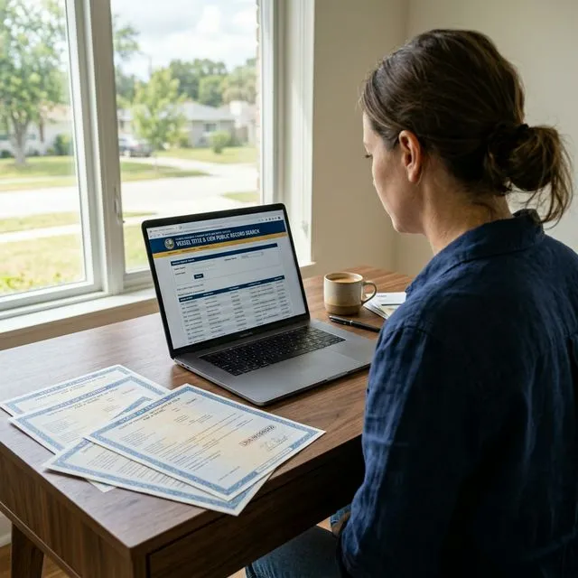 Boat registration and title lookup screen beside vessel documents