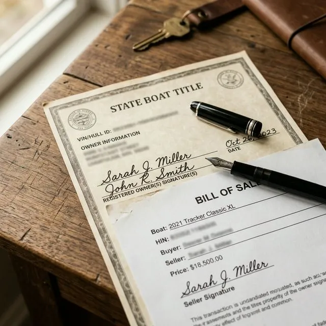 Official boat title and bill of sale documents on a desk