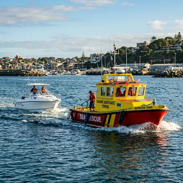 Marine towing and assistance boat pulling a disabled recreational powerboat safely back to port