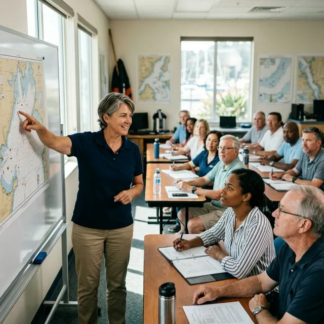 Boating safety instructor pointing to a nautical chart on a whiteboard while adult students listen attentively in a sunlit classroom