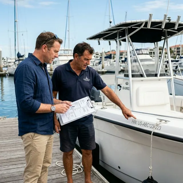 Buyer checking the Hull Identification Number on a used boat transom