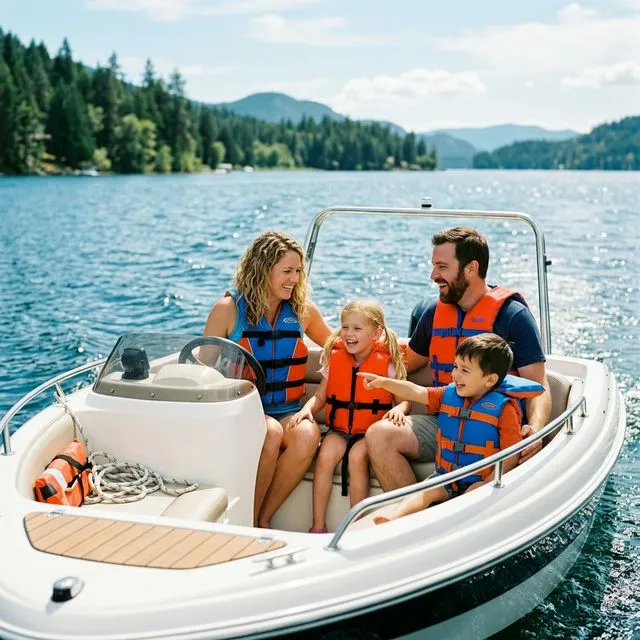 Personal watercraft riders wearing life jackets near a dock