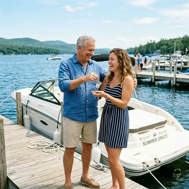 Family signing gifted boat transfer paperwork on a dock