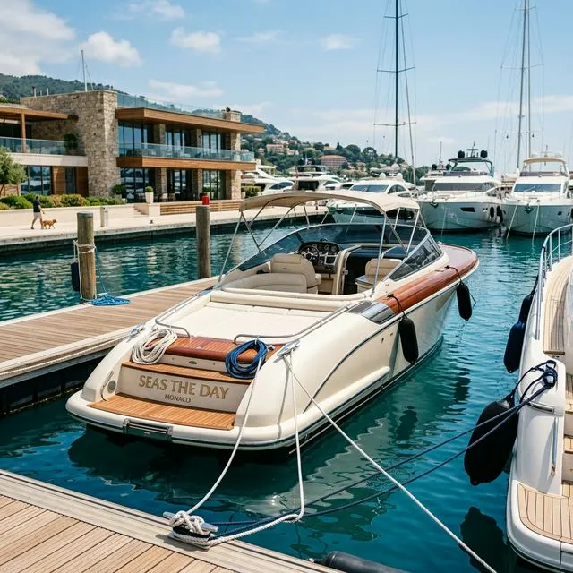 Luxury recreational powerboat securely tied in a slip at a modern upscale marina