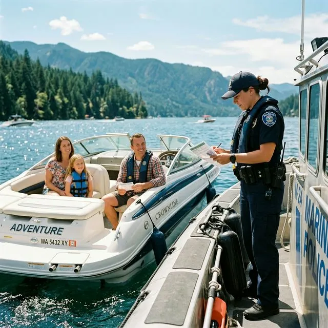Marine patrol officer checking boat registration paperwork on the water