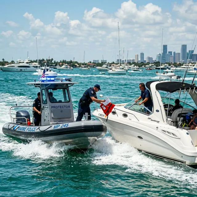 Marine patrol boat stopping a recreational boat to check registration and safety equipment
