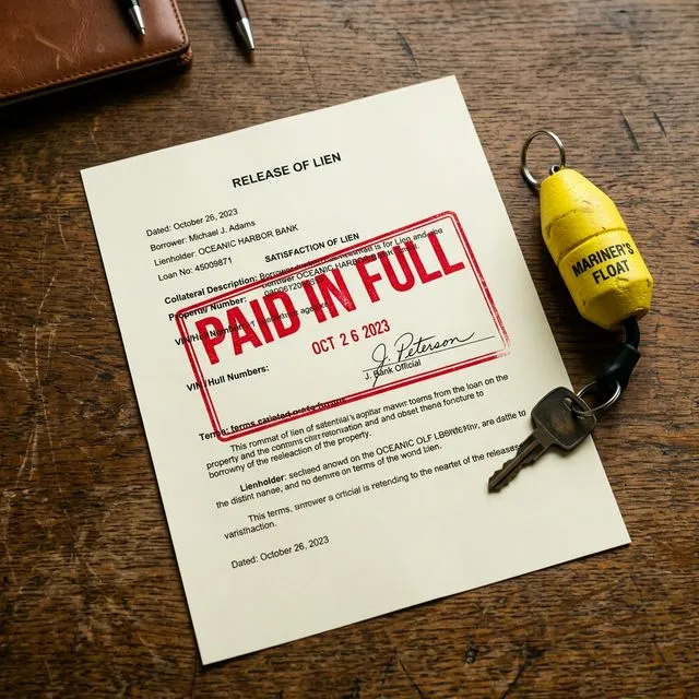 Paid in full lien release letter for a boat loan on a desk