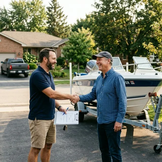 Two men shaking hands in a driveway completing a private boat sale with a bill of sale document