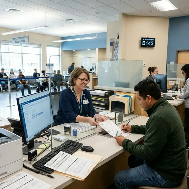 Interior of a DMV office with a service counter, numbered ticket system, and staff helping a customer with boat registration paperwork