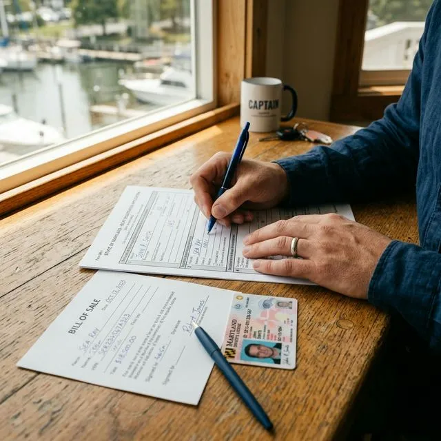 Boat registration documents, receipts, and application forms on a table