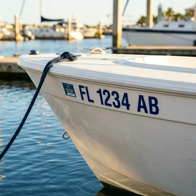Boat registration number displayed in large block letters on the bow of a white motorboat at a marina