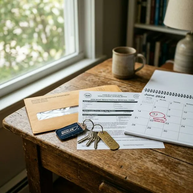 Boat registration renewal notice, official form, calendar with circled deadline date, and boat keys on a wooden desk