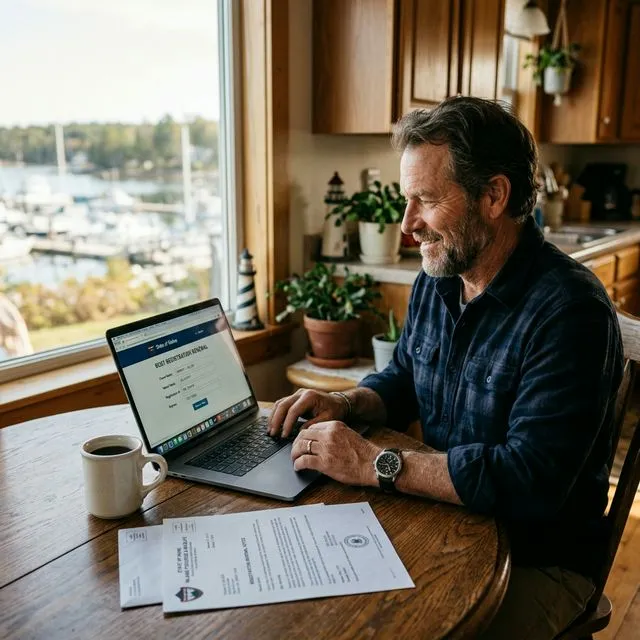 Boat owner sitting at a kitchen table renewing boat registration online on a laptop, with renewal notice documents and coffee mug on the table, marina visible through window