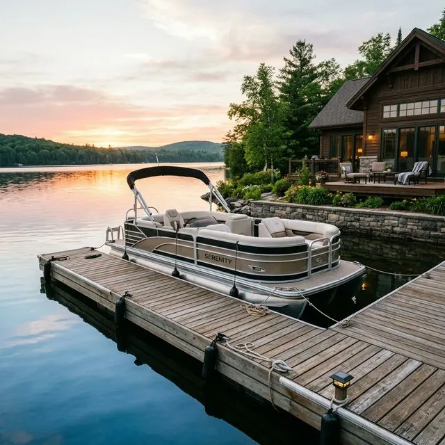 Pontoon boat docked behind a scenic lakefront vacation home