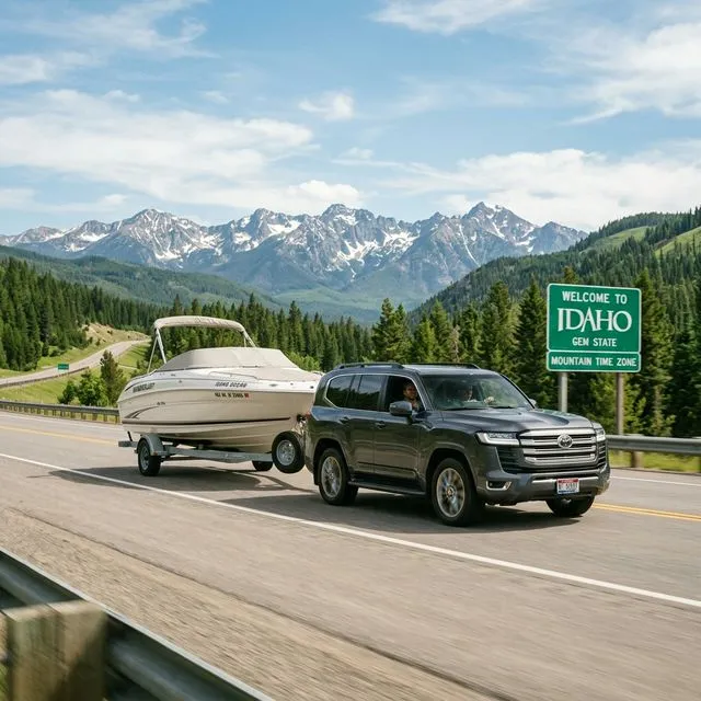 SUV towing a boat and trailer on a highway