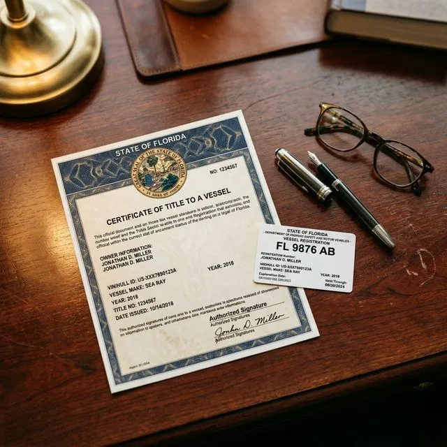 Close-up overhead shot of a boat title certificate and a boat registration card side by side on a polished mahogany desk