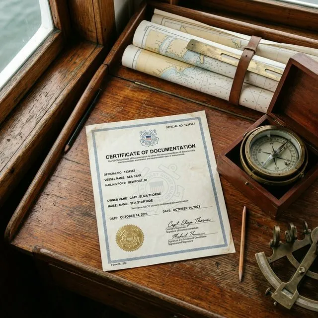 Close-up overhead shot of an official US Coast Guard Certificate of Documentation document on a wooden captain desk