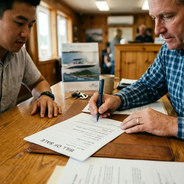 Used boat bill of sale paperwork beside keys and a pen