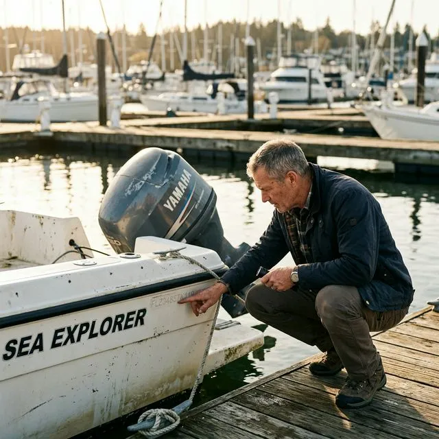 Boat buyer crouching at a marina dock inspecting the Hull Identification Number on the transom of a used boat