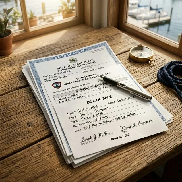 Used boat title transfer documents prepared for buyer and seller signatures