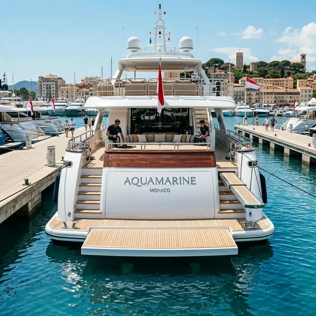 Stern of a luxury yacht docked at a marina displaying its vessel name and hailing port
