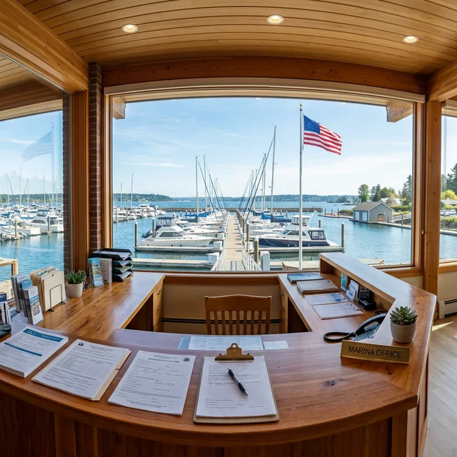Marina registration office with paperwork and dock view