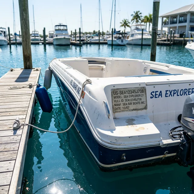 Used boat at dock with hull identification number visible