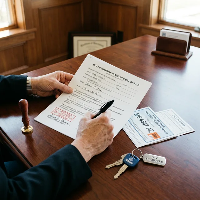 Signing boat ownership transfer documents at a desk